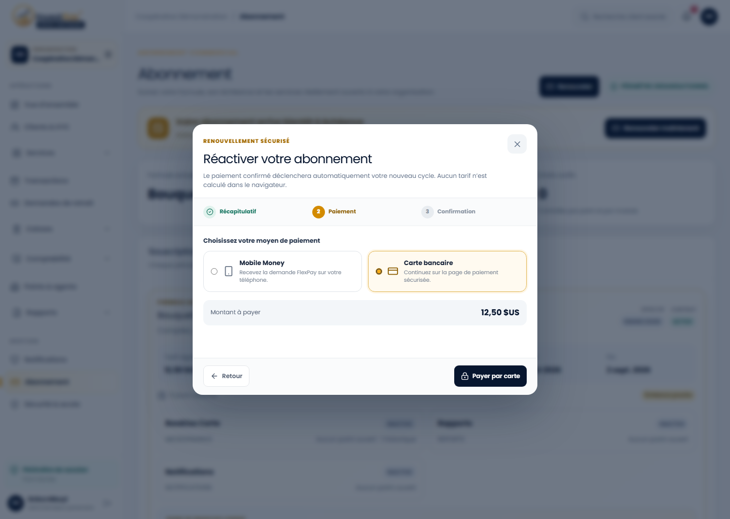 Paiement par carte dans le back-office Partenaire Investissons RDC