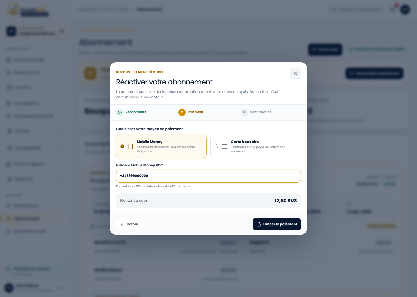 Paiement Mobile Money dans le back-office Partenaire Investissons RDC