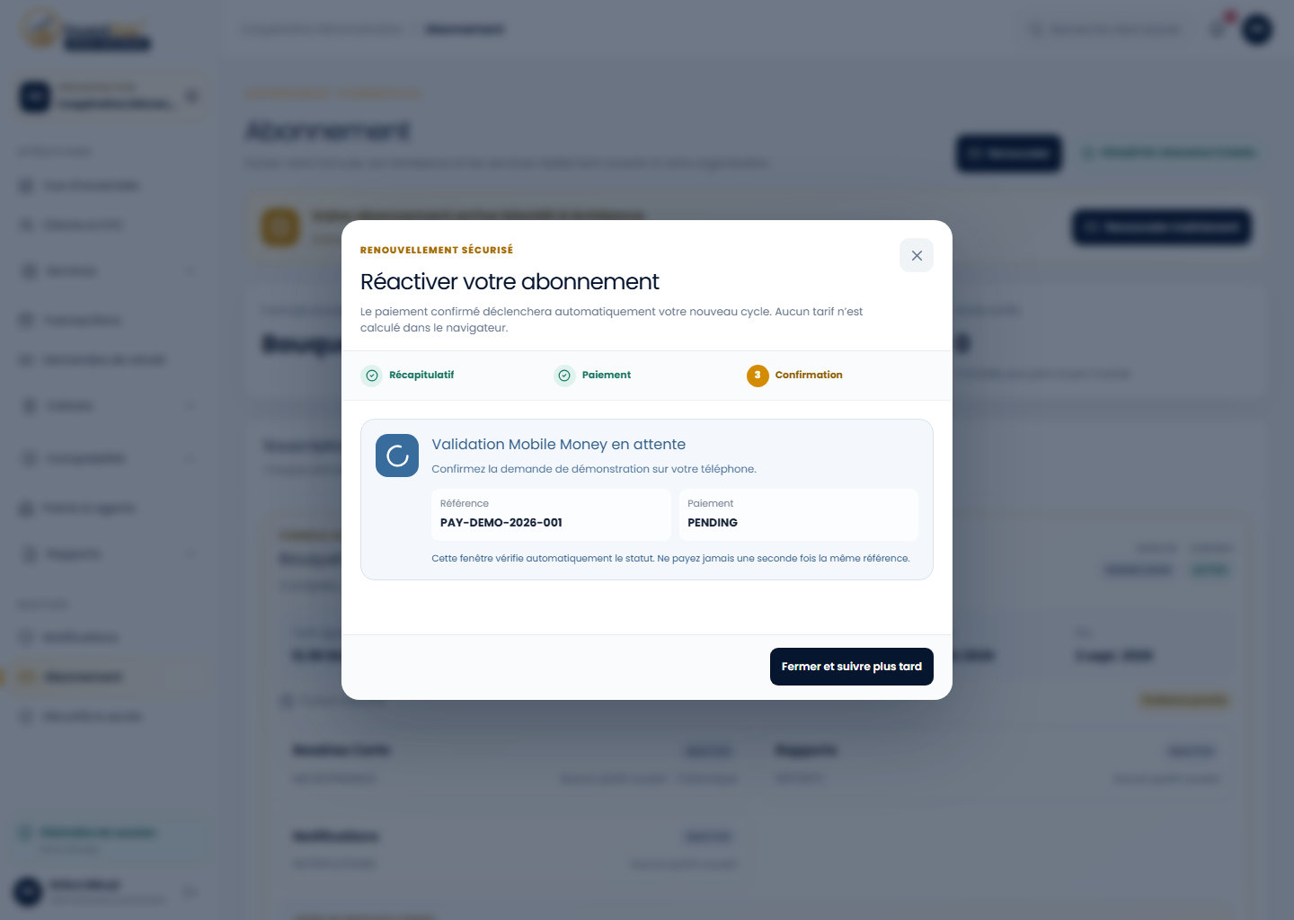 Paiement en cours dans le back-office Partenaire Investissons RDC