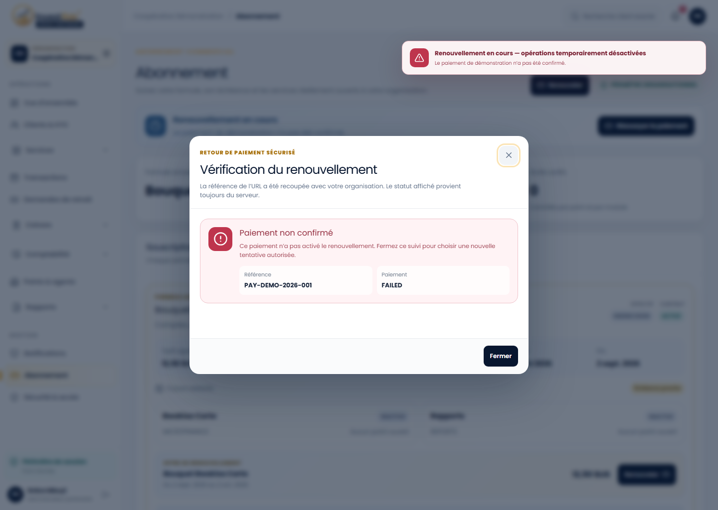 Renouvellement non confirmé dans le back-office Partenaire Investissons RDC