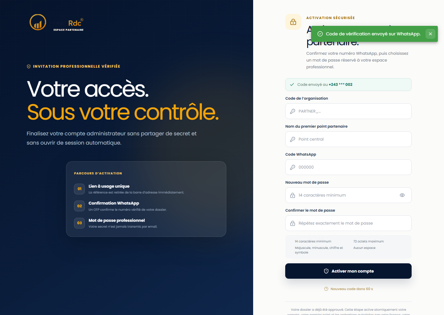 Finaliser l’activation dans le back-office Partenaire Investissons RDC