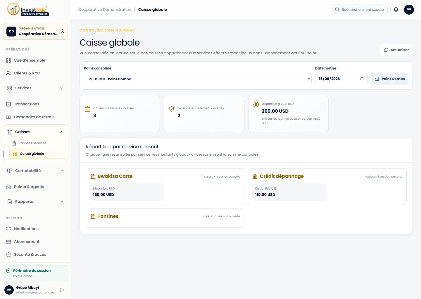 Caisse globale dans le back-office Partenaire Investissons RDC