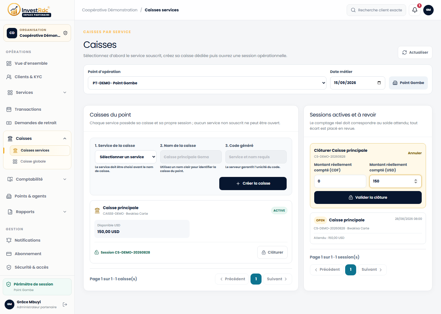 Clôturer une caisse dans le back-office Partenaire Investissons RDC