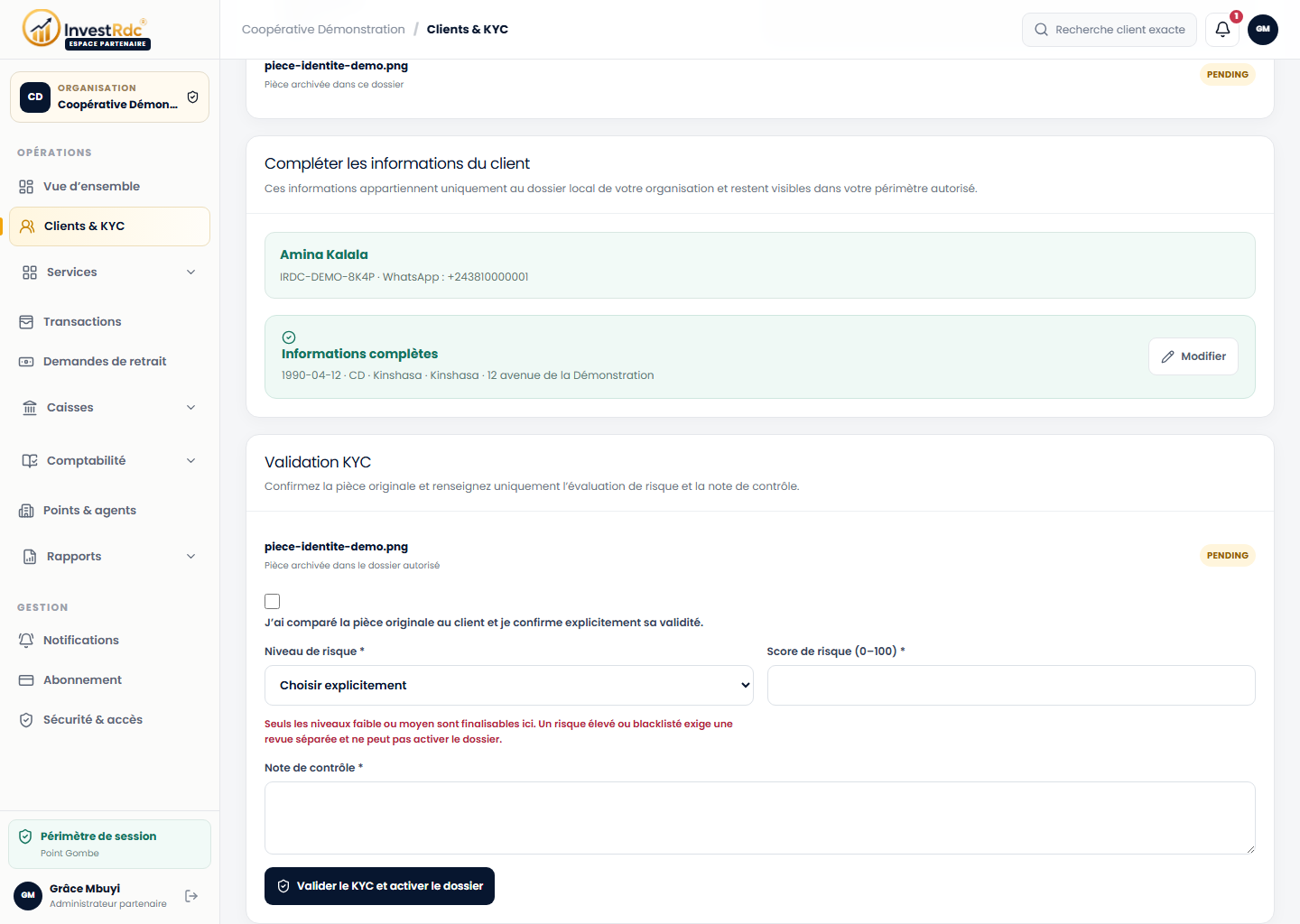 Validation KYC dans le back-office Partenaire Investissons RDC