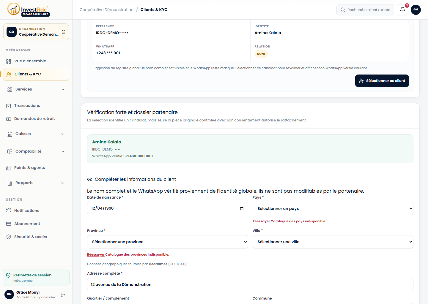 Rattacher le client dans le back-office Partenaire Investissons RDC