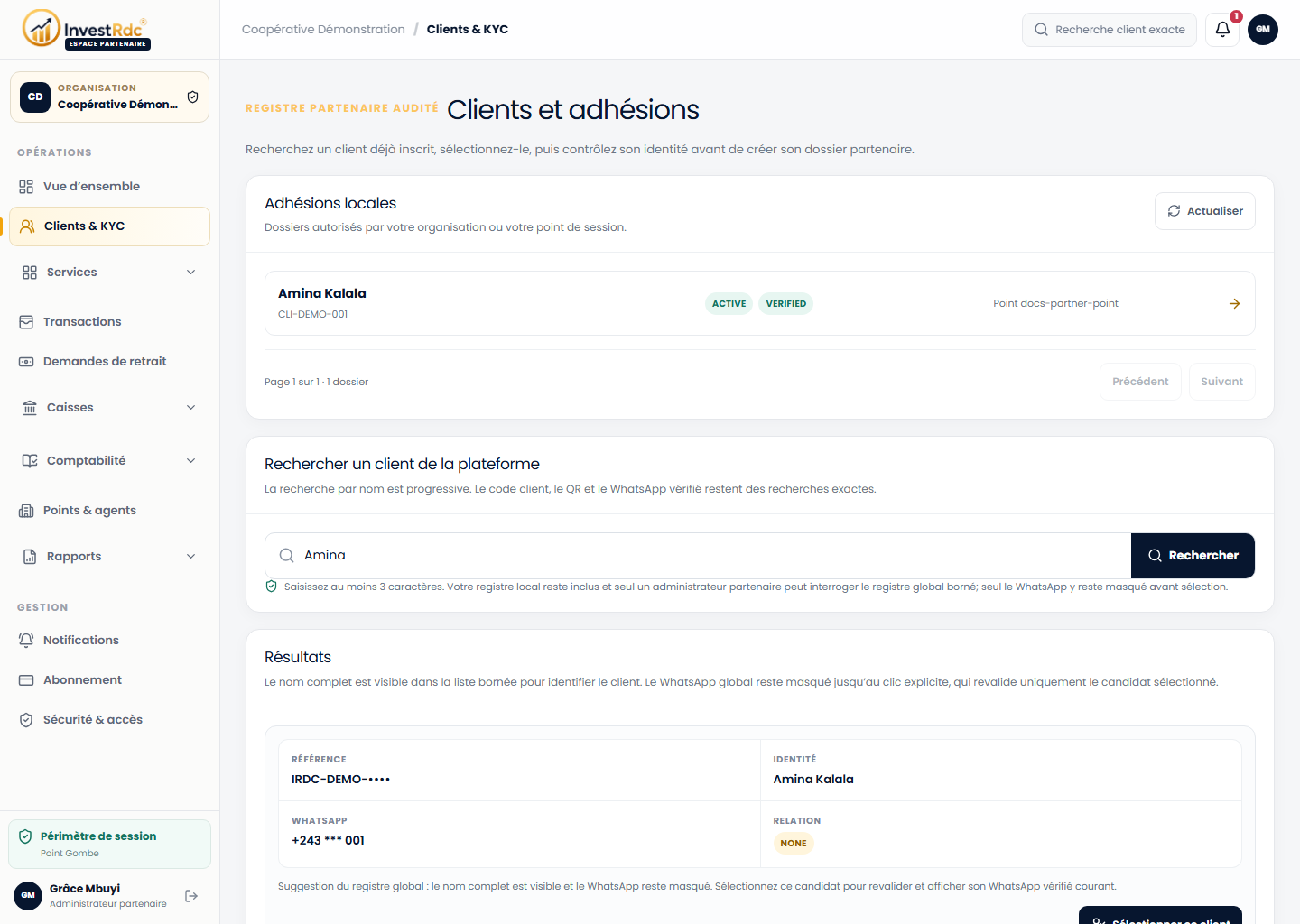 Résultats de recherche dans le back-office Partenaire Investissons RDC