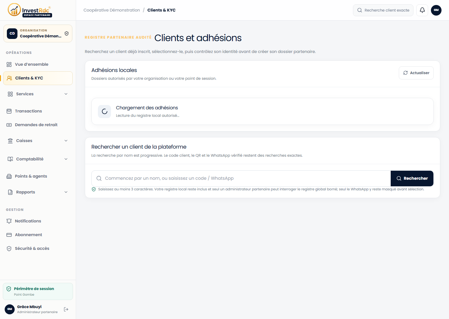 Clients et adhésions dans le back-office Partenaire Investissons RDC