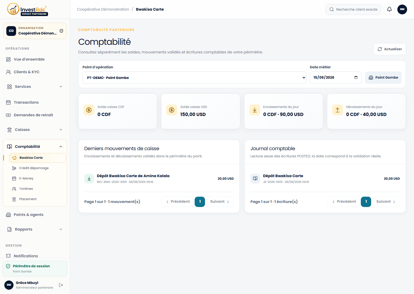 Comptabilité Bwakisa dans le back-office Partenaire Investissons RDC