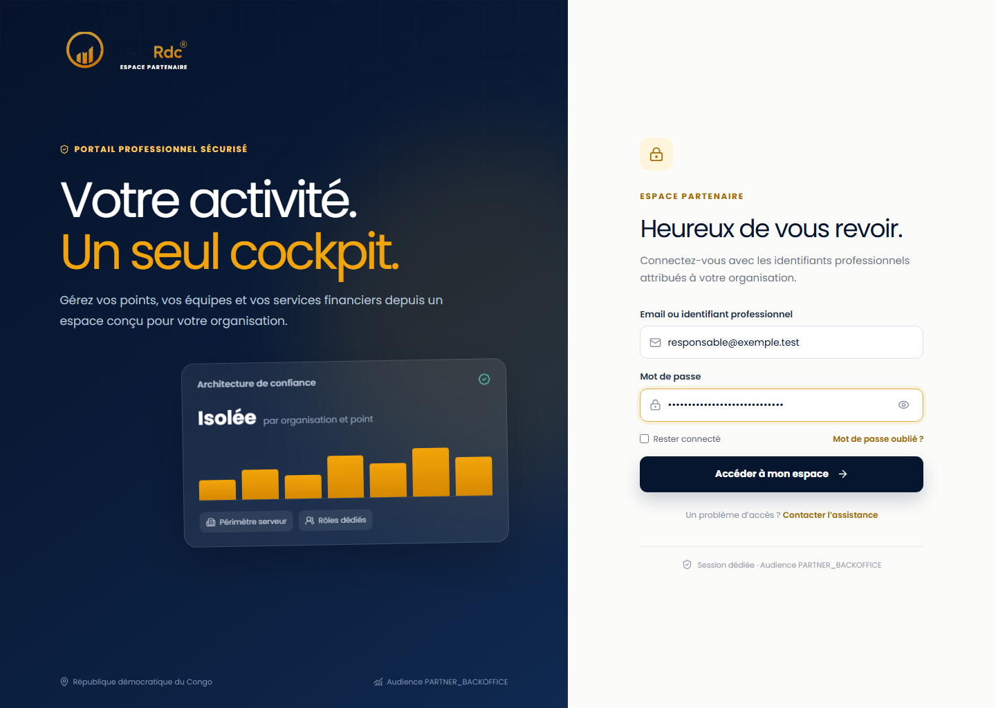 Connexion partenaire complétée dans le back-office Partenaire Investissons RDC