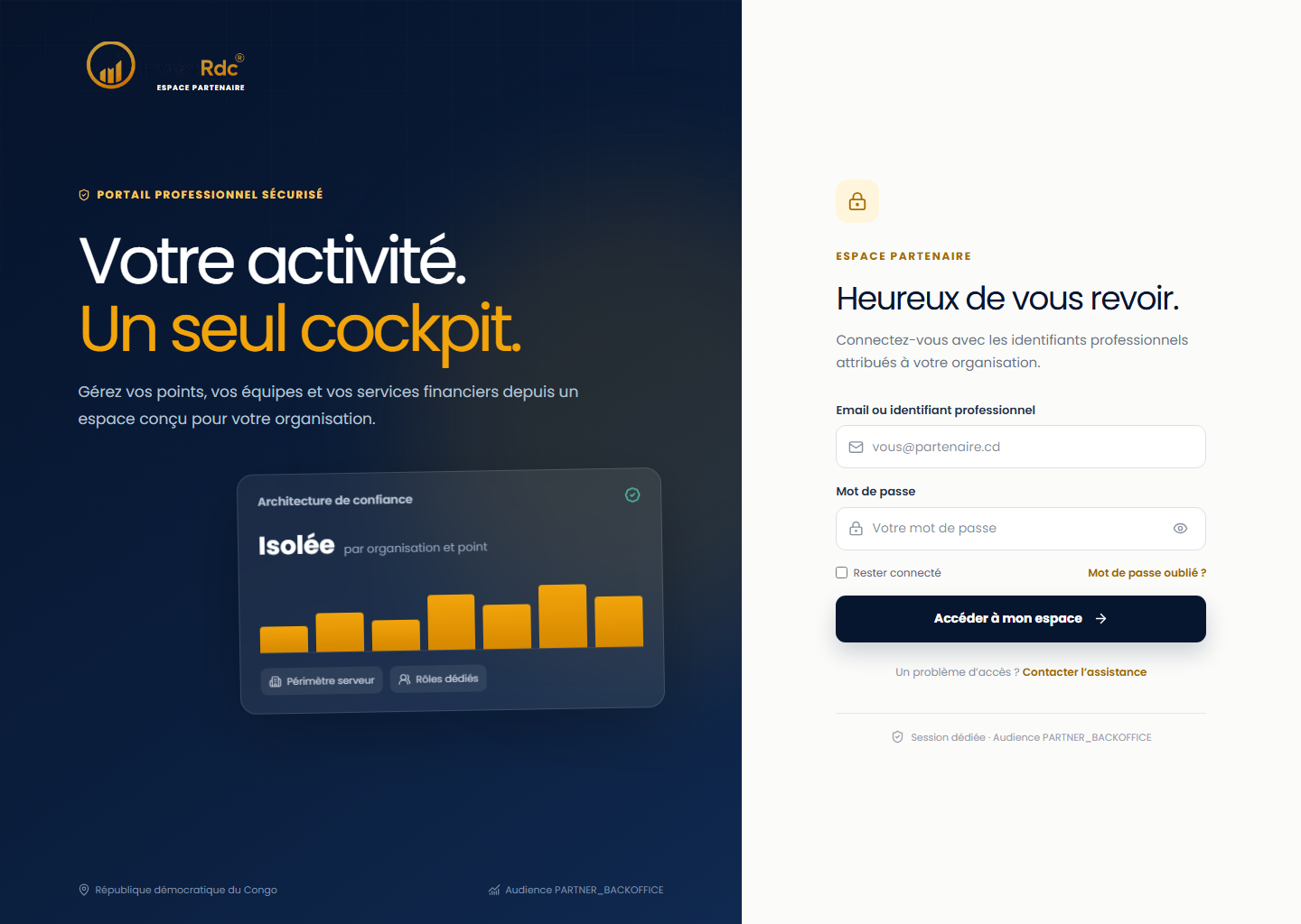 Connexion partenaire dans le back-office Partenaire Investissons RDC