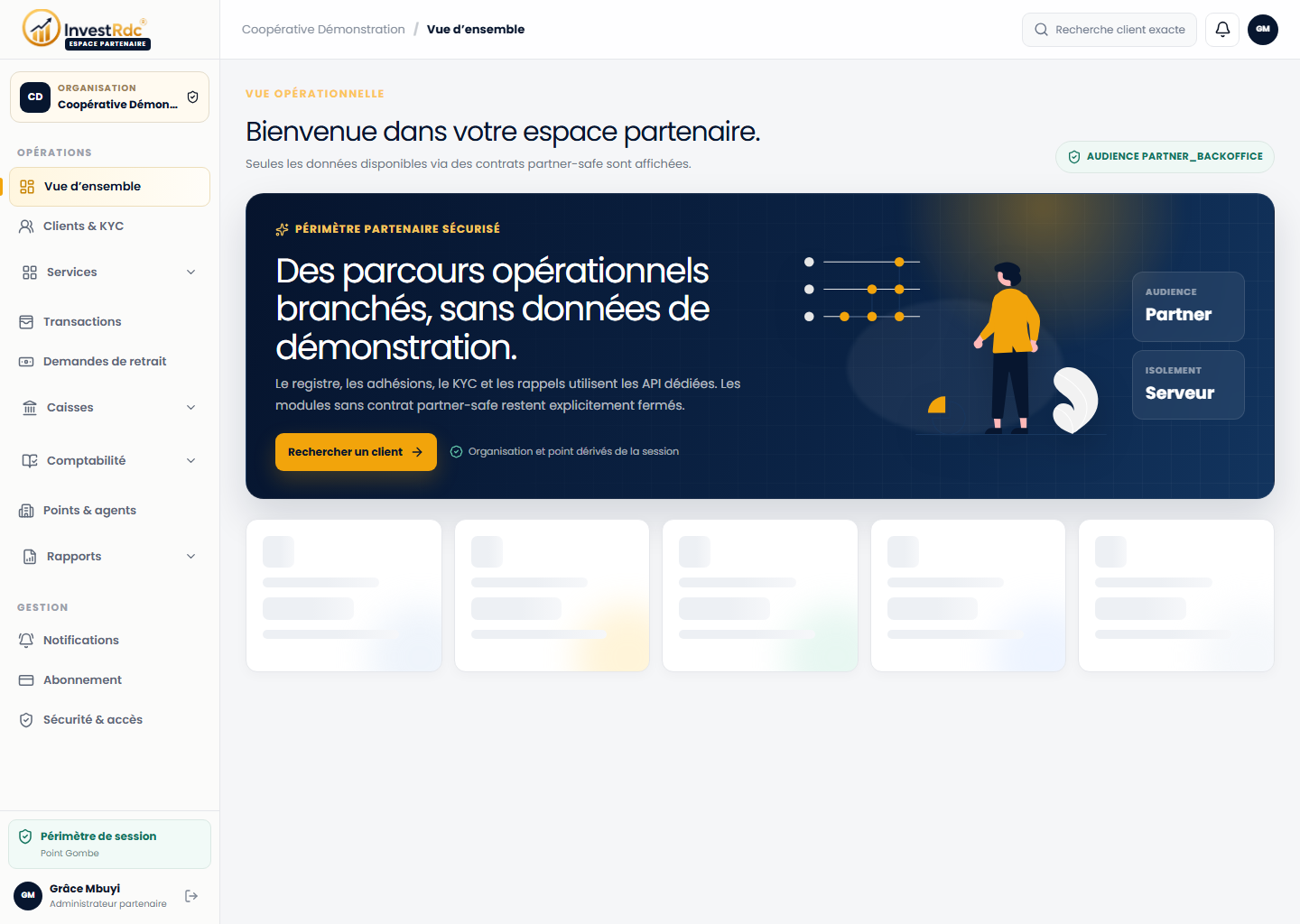 Dashboard partenaire dans le back-office Partenaire Investissons RDC