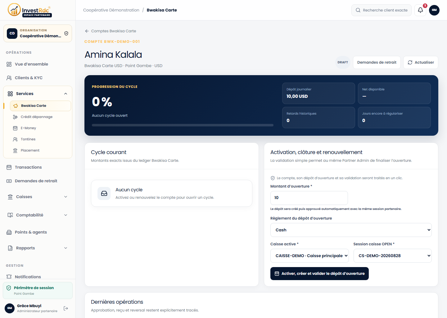 Compte Bwakisa brouillon dans le back-office Partenaire Investissons RDC