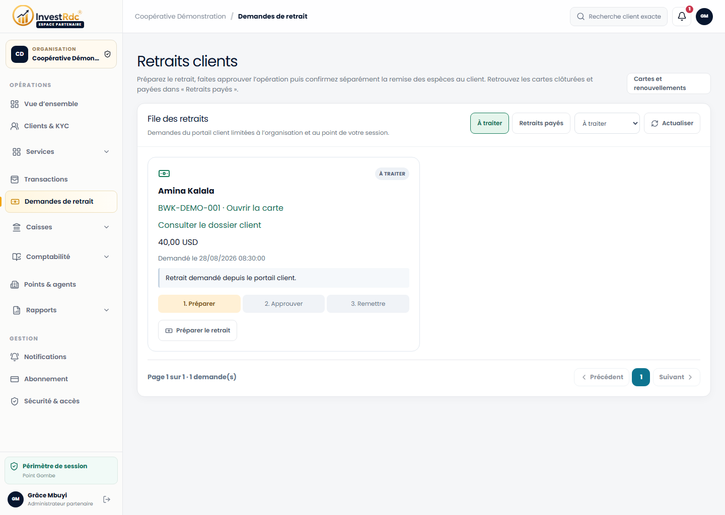 Retraits clients à traiter dans le back-office Partenaire Investissons RDC