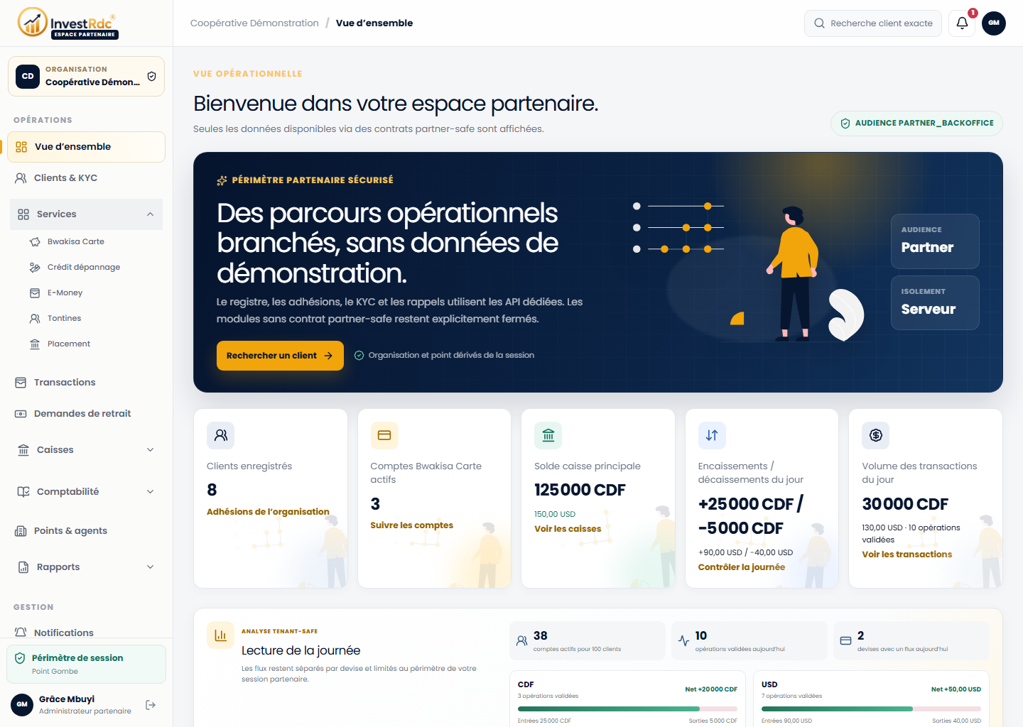 Menu Services ouvert dans le back-office Partenaire Investissons RDC