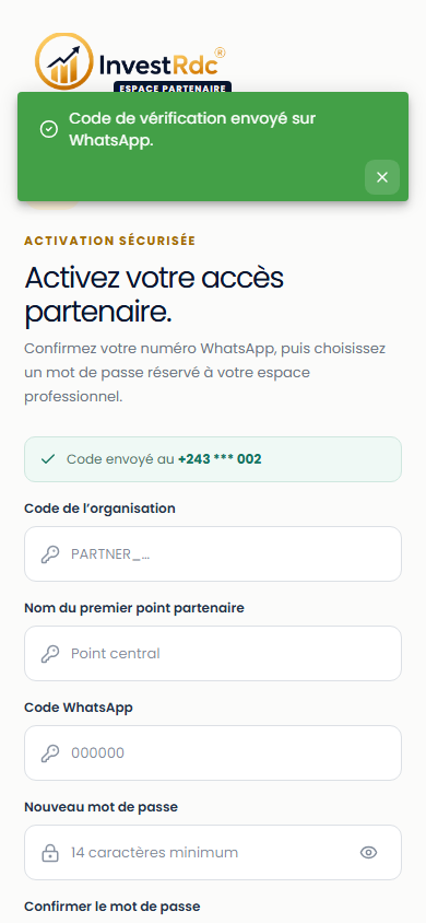 Activation sur téléphone dans le back-office Partenaire Investissons RDC