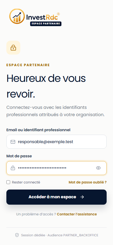 Connexion partenaire complétée sur téléphone dans le back-office Partenaire Investissons RDC