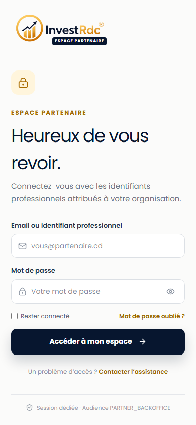 Connexion partenaire sur téléphone dans le back-office Partenaire Investissons RDC
