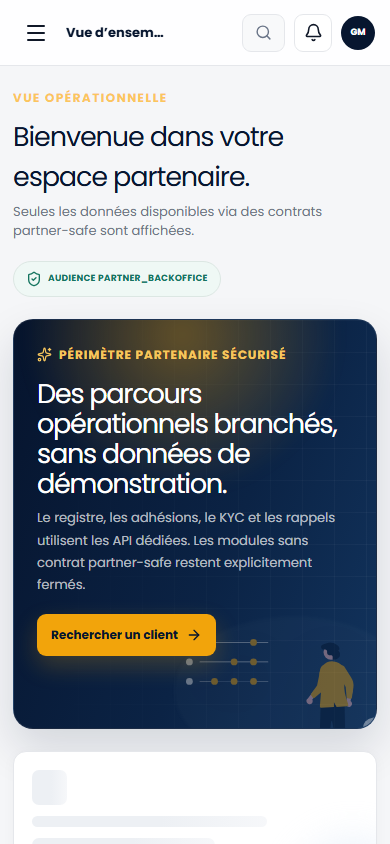 Dashboard partenaire sur téléphone dans le back-office Partenaire Investissons RDC