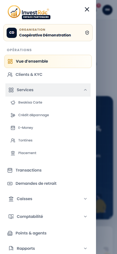 Menu partenaire sur téléphone dans le back-office Partenaire Investissons RDC