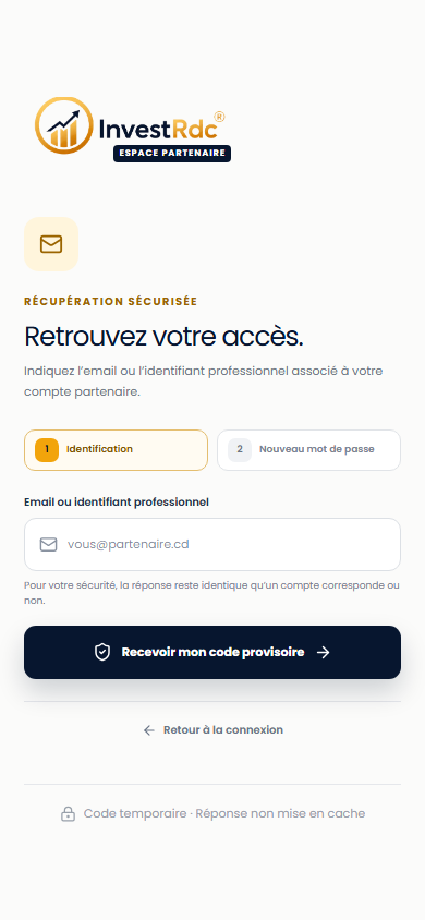 Mot de passe oublié sur téléphone dans le back-office Partenaire Investissons RDC