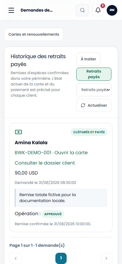 Historique des paiements sur téléphone dans le back-office Partenaire Investissons RDC