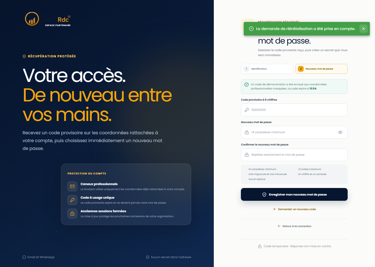 Code provisoire et nouveau mot de passe dans le back-office Partenaire Investissons RDC