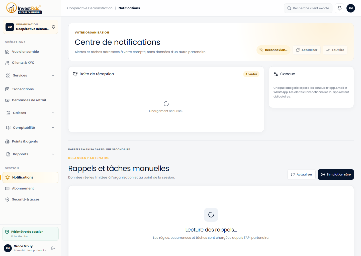 Centre de notifications dans le back-office Partenaire Investissons RDC
