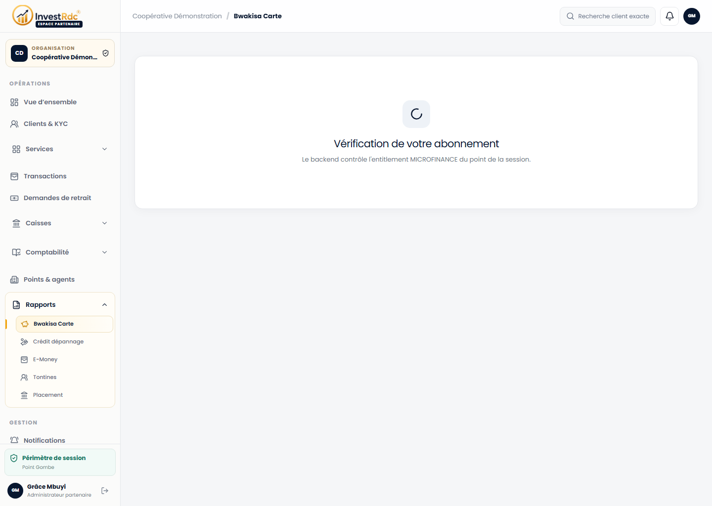 Accueil des rapports partenaires dans le back-office Partenaire Investissons RDC