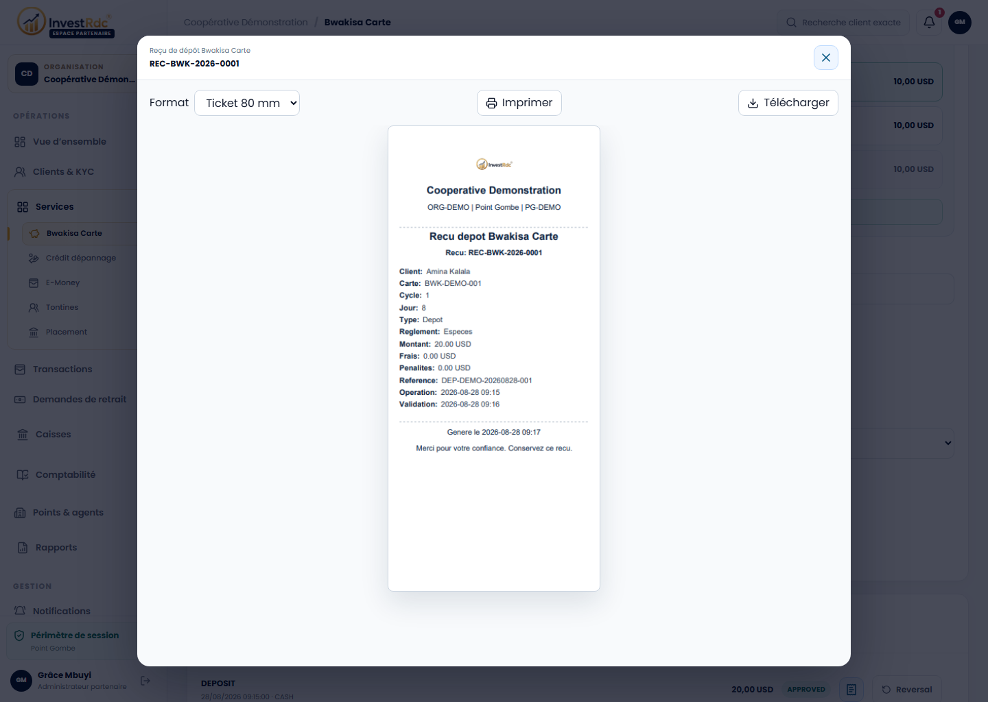 Reçu Ticket 80 mm dans le back-office Partenaire Investissons RDC