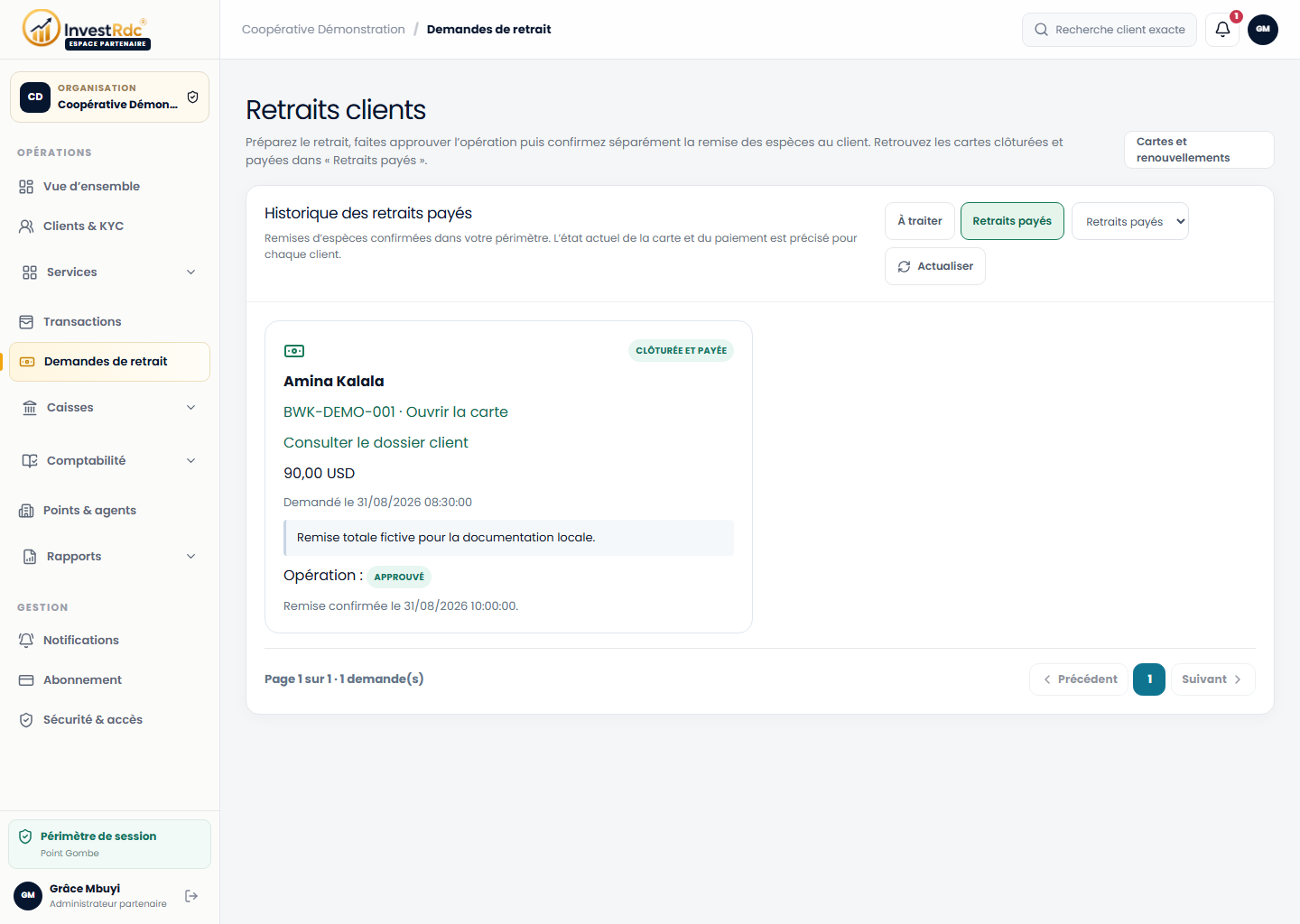 Historique des retraits payés dans le back-office Partenaire Investissons RDC