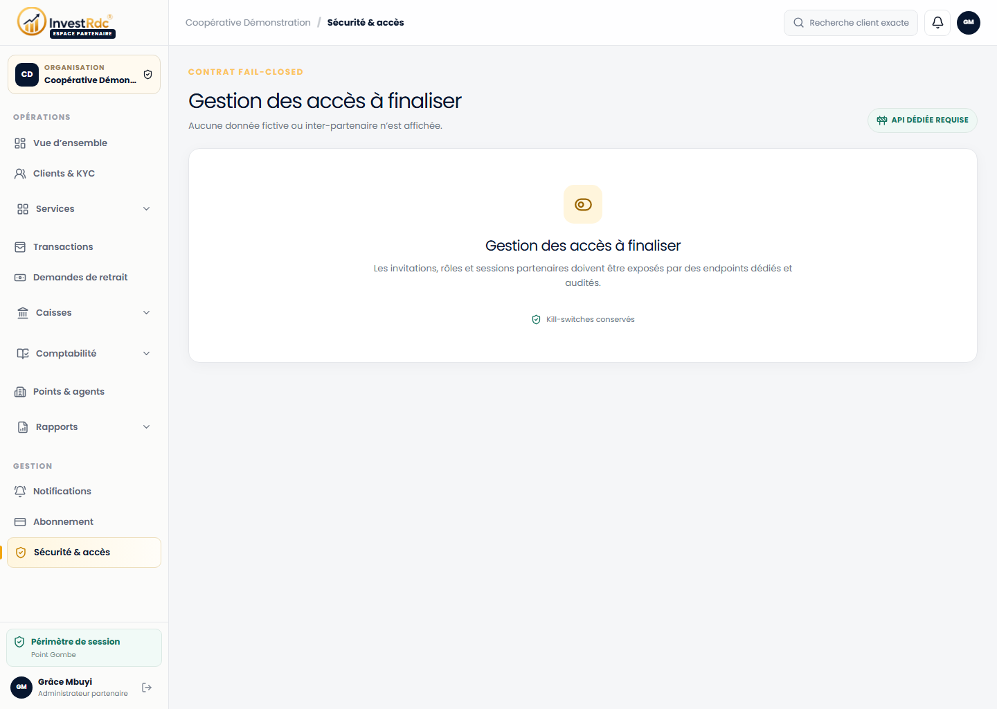 Sécurité et accès fermés dans le back-office Partenaire Investissons RDC
