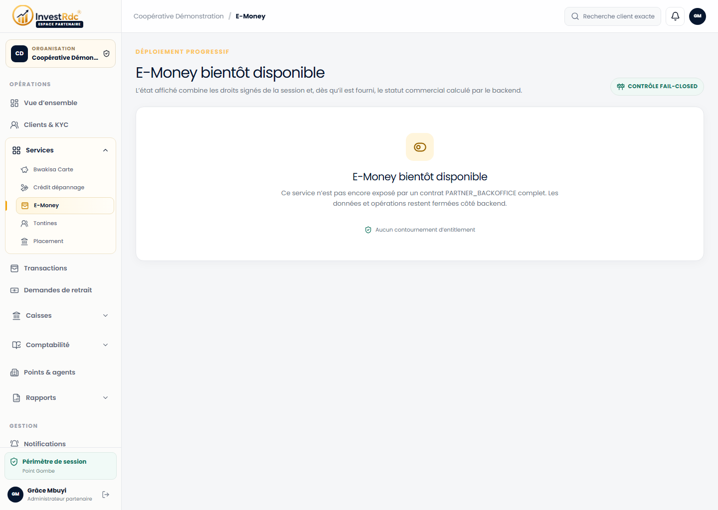 E-Money fermé dans le back-office Partenaire Investissons RDC
