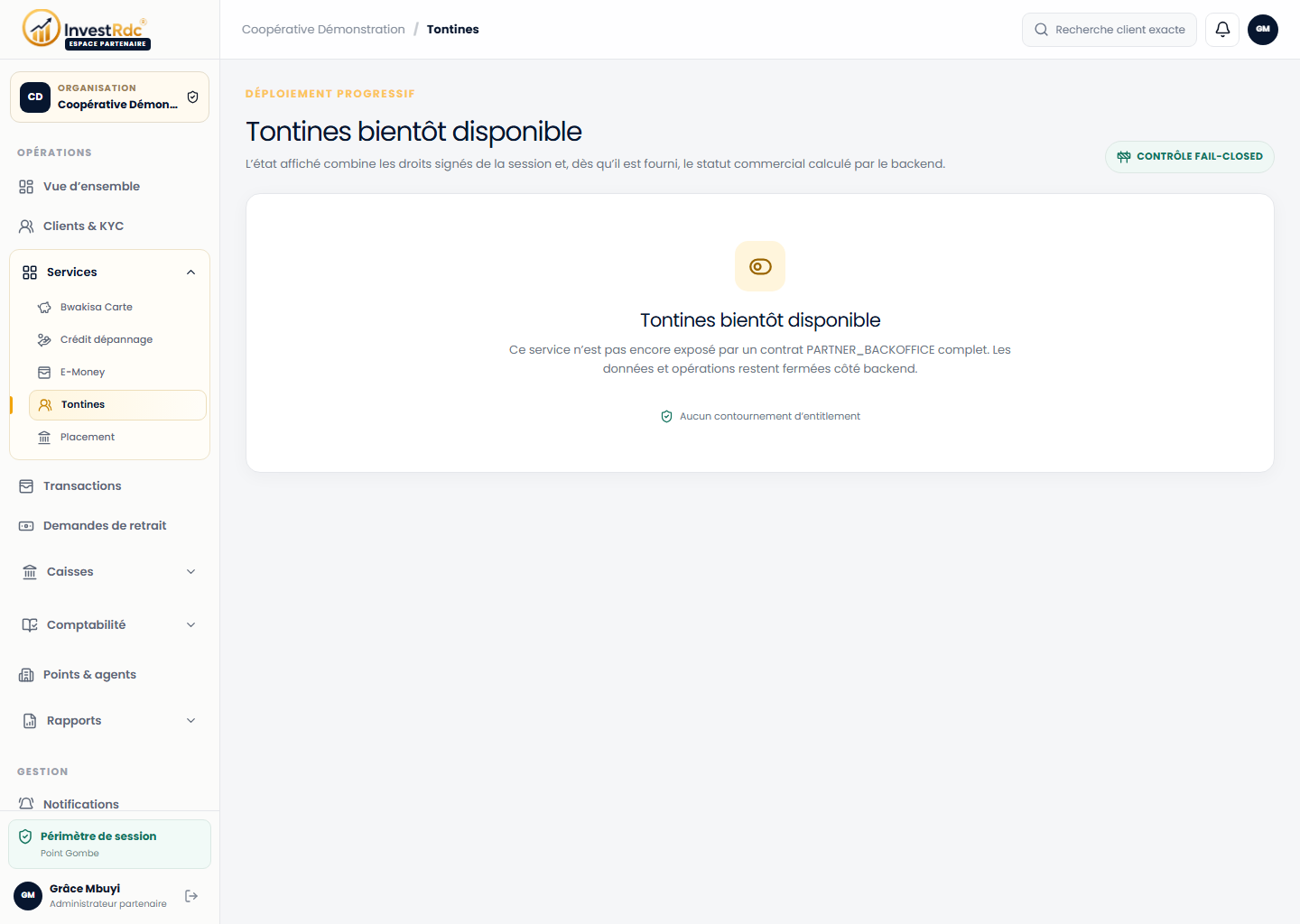 Tontines fermées dans le back-office Partenaire Investissons RDC