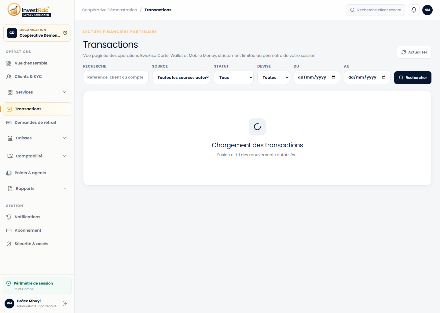 Transactions partenaire dans le back-office Partenaire Investissons RDC
