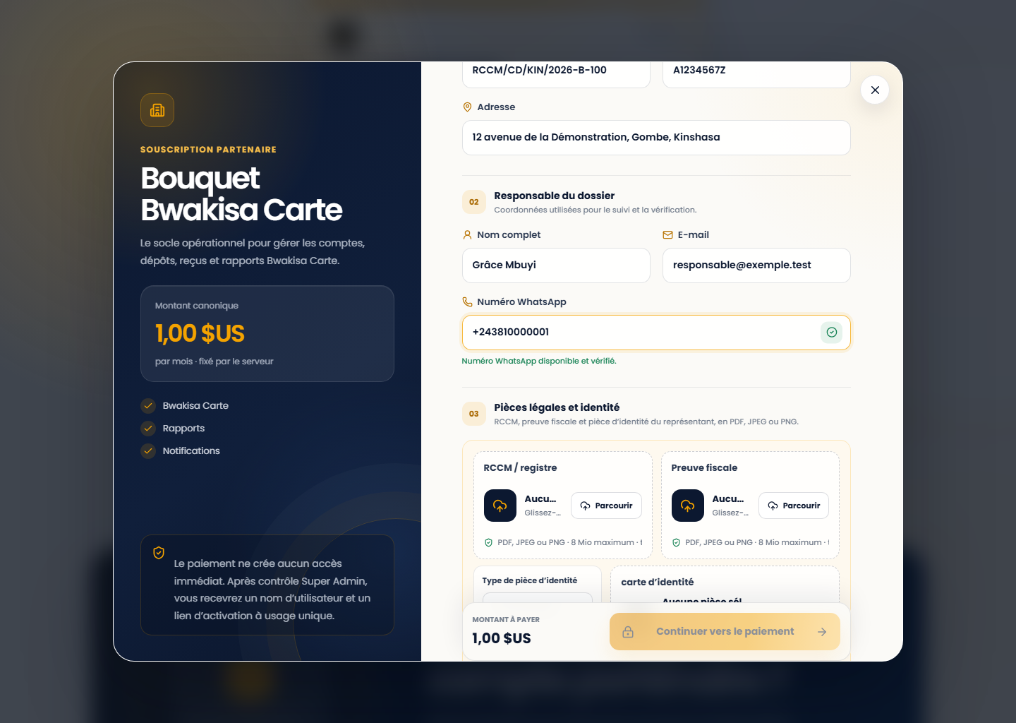 Coordonnées du partenaire renseignées sur le portail Web