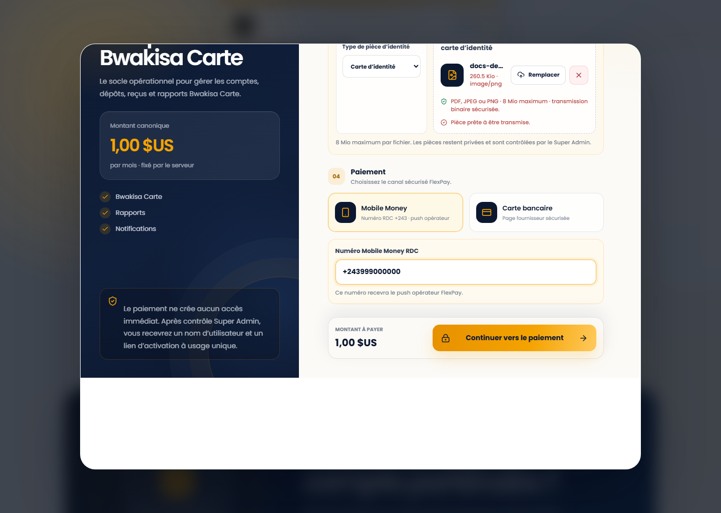 Pièces et moyen de paiement prêts sur le portail Web