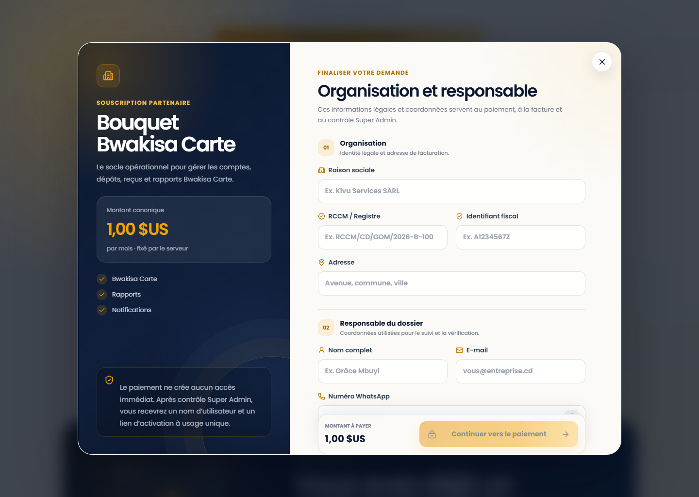 Formulaire de souscription sur le portail Web