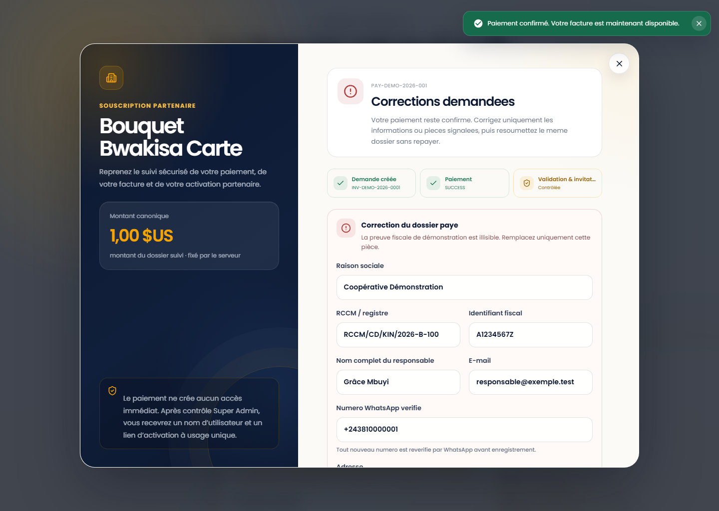 Correction demandée sur le dossier payé sur le portail Web