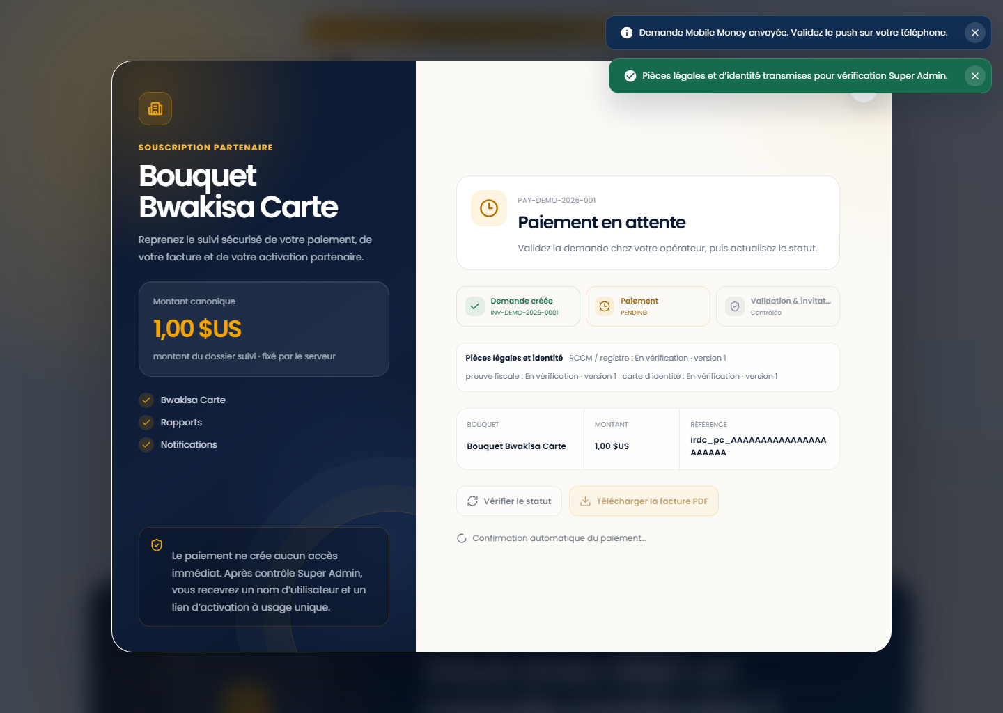 Suivi ouvert après la demande de paiement sur le portail Web