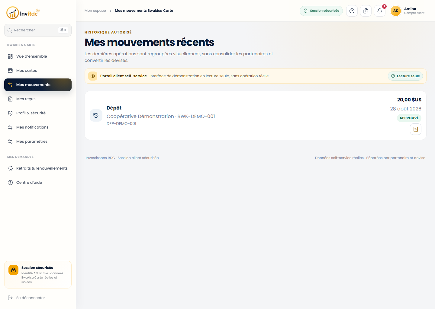 Mouvements et reçus sur le portail Web