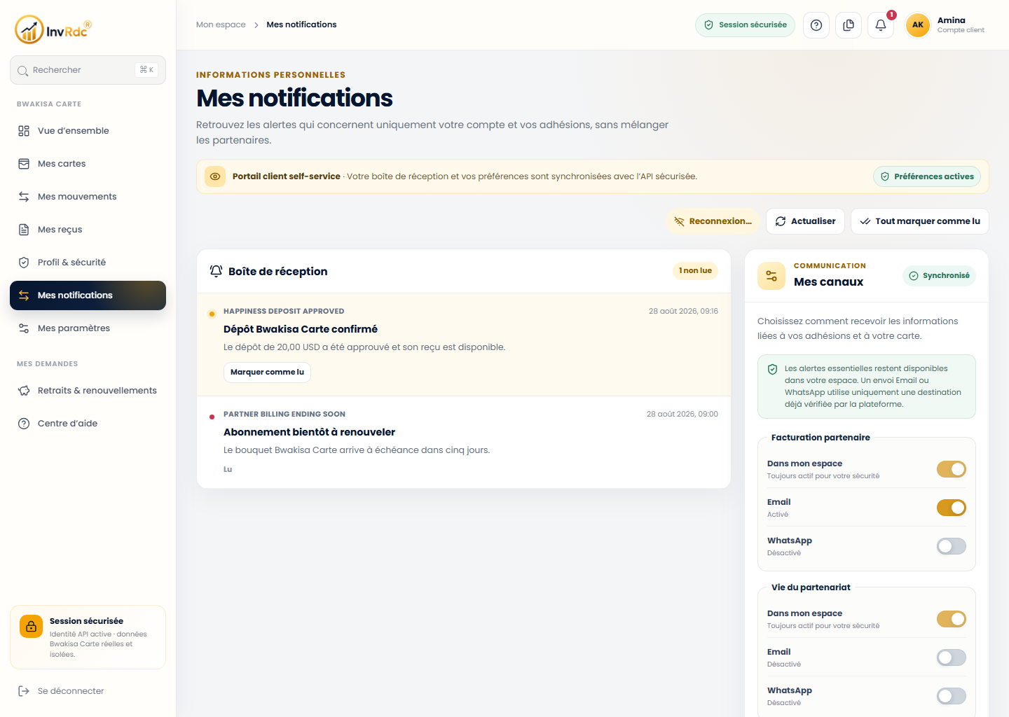 Notifications client sur le portail Web