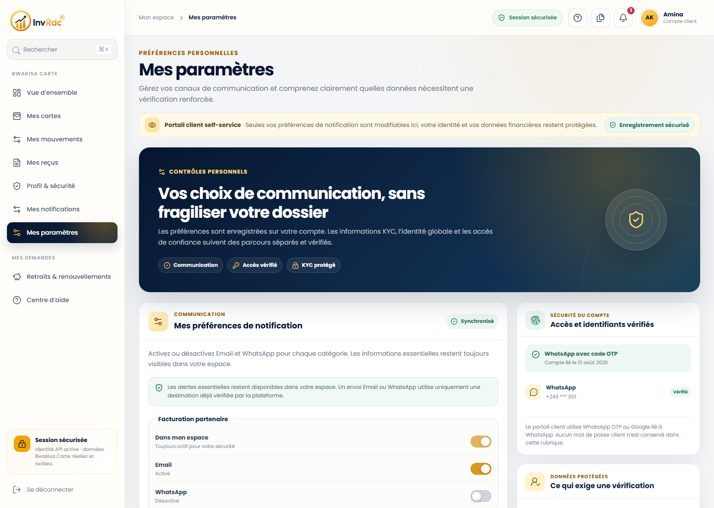 Paramètres client sur le portail Web