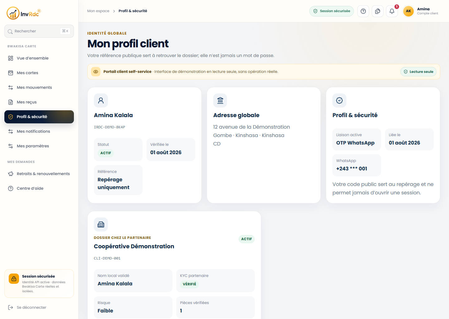 Profil client sur le portail Web