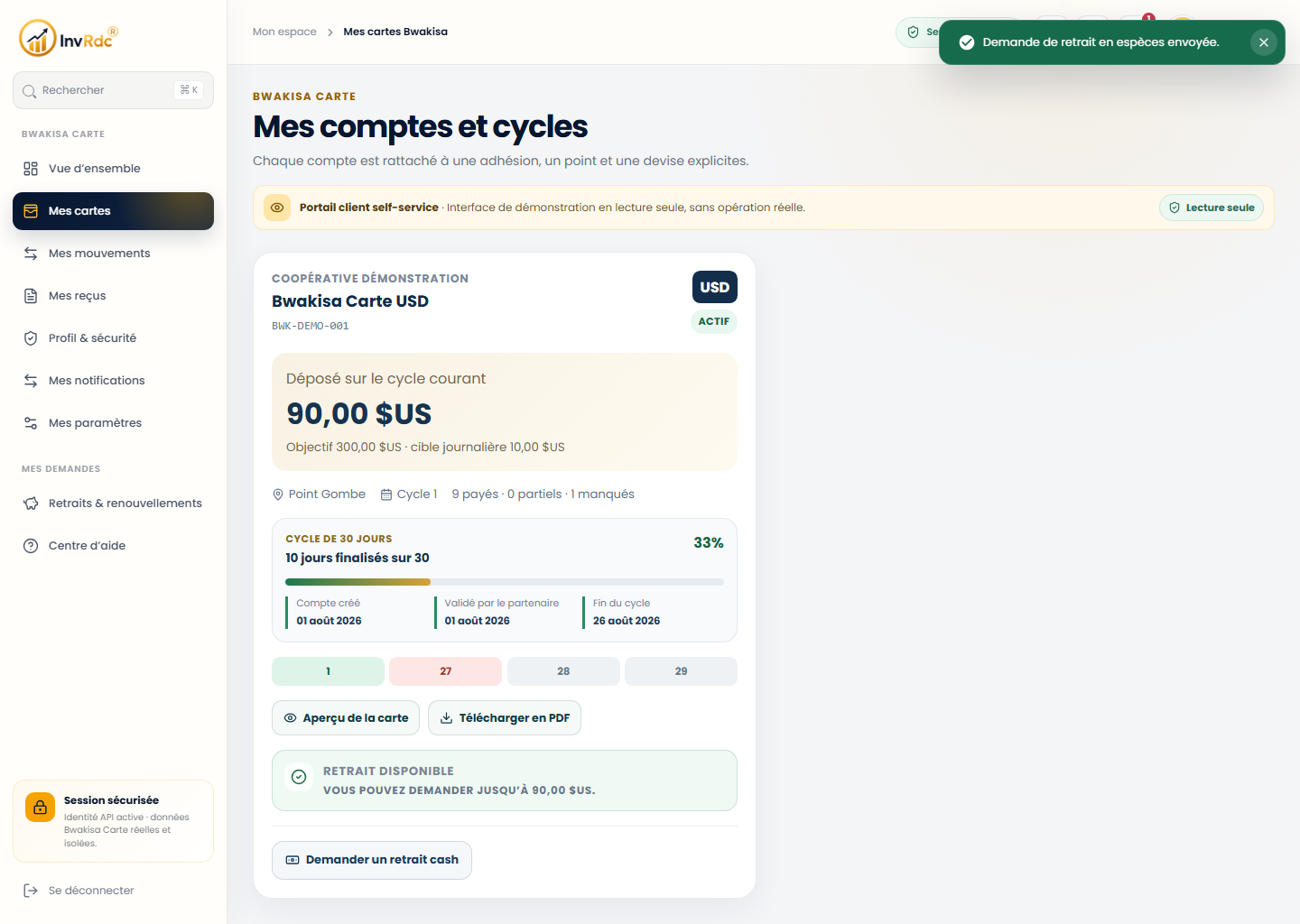 Retrait envoyé sur le portail Web