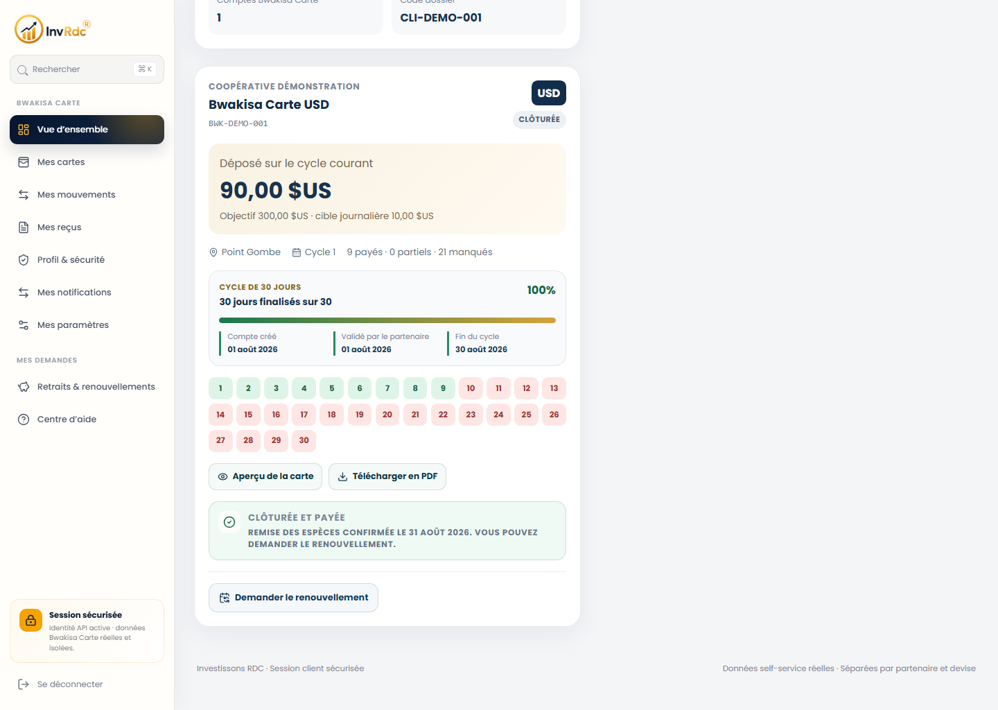 Carte clôturée et payée sur le portail Web