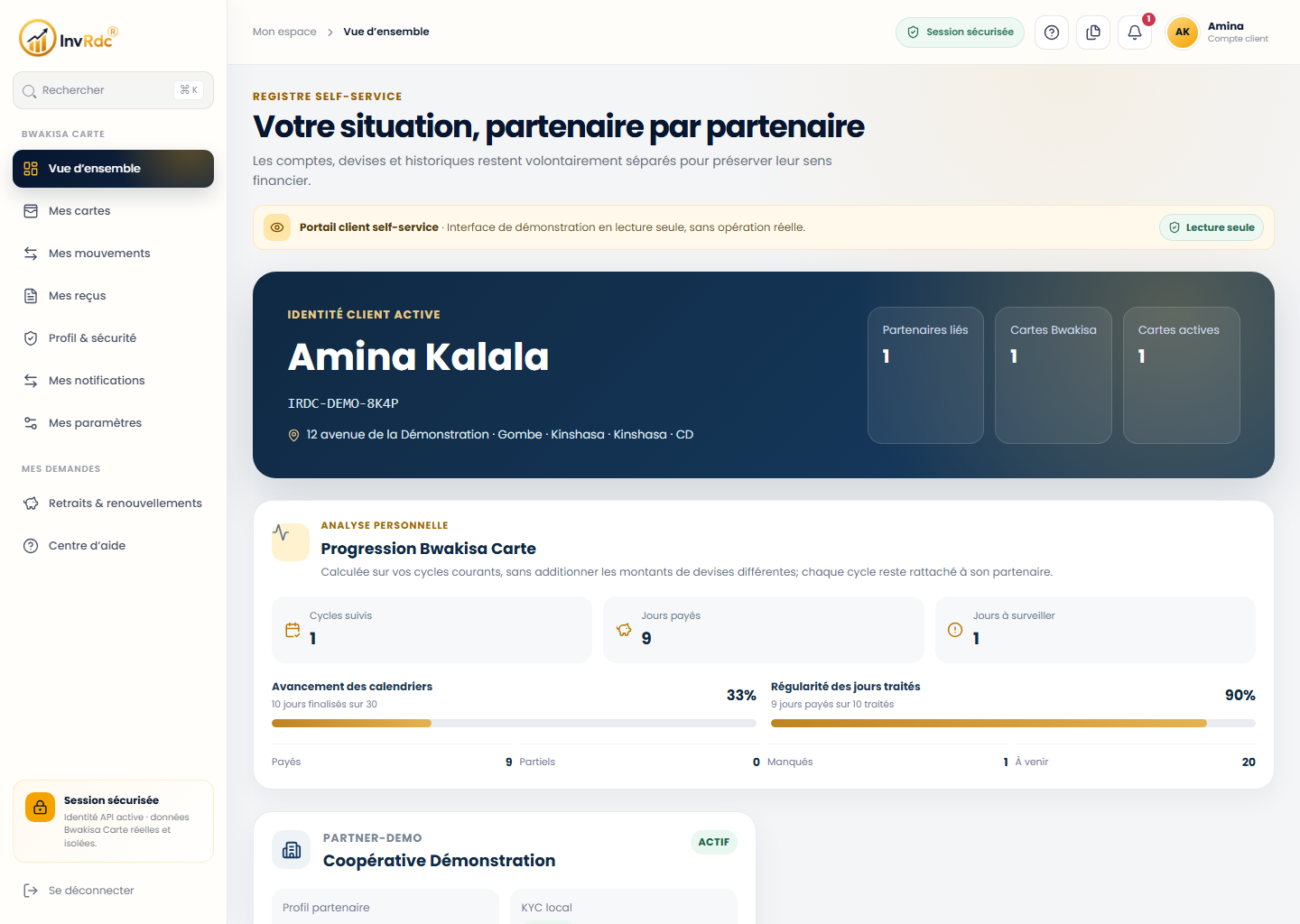 Tableau de bord client sur le portail Web