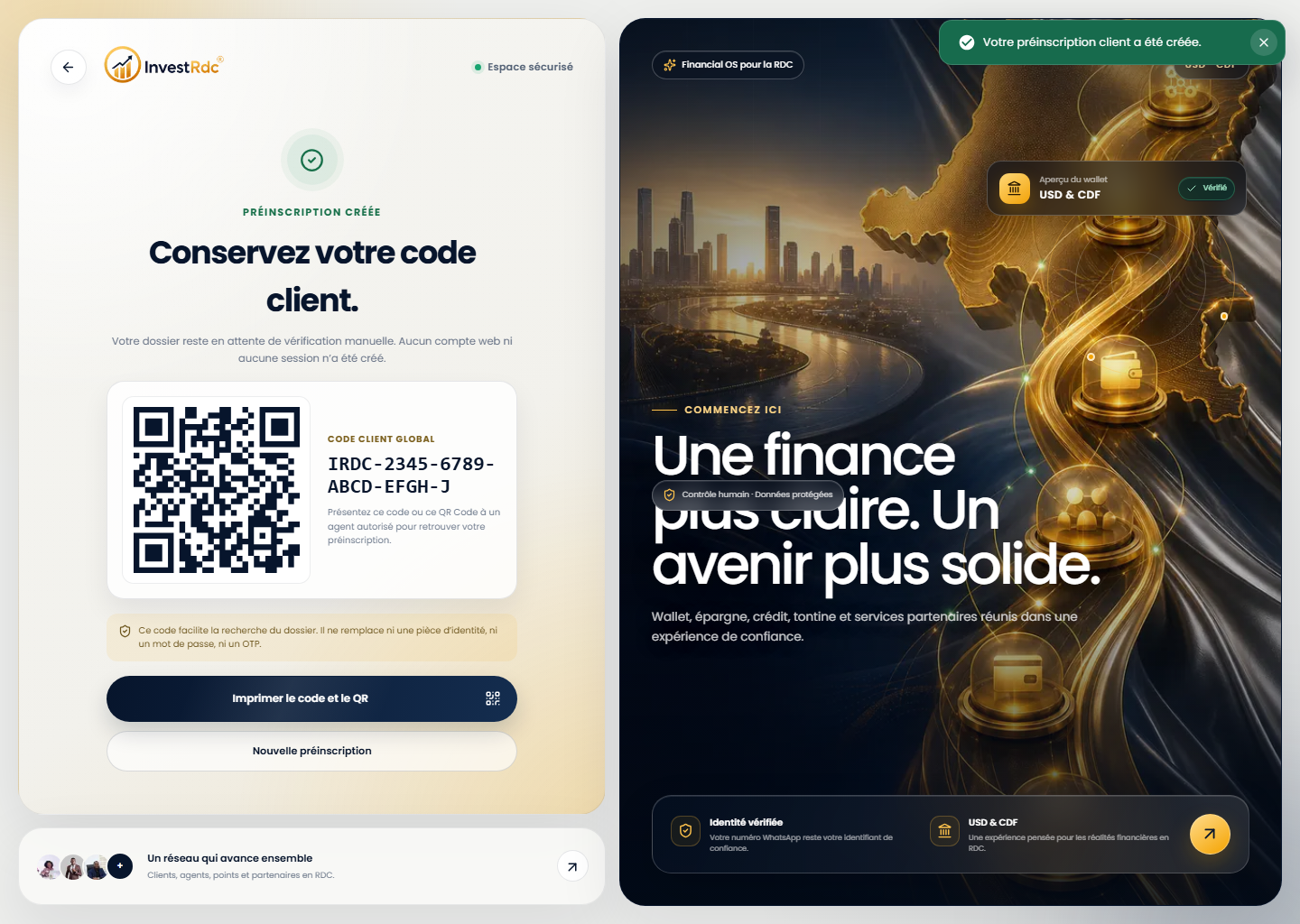 Code client et QR de préinscription sur le portail Web