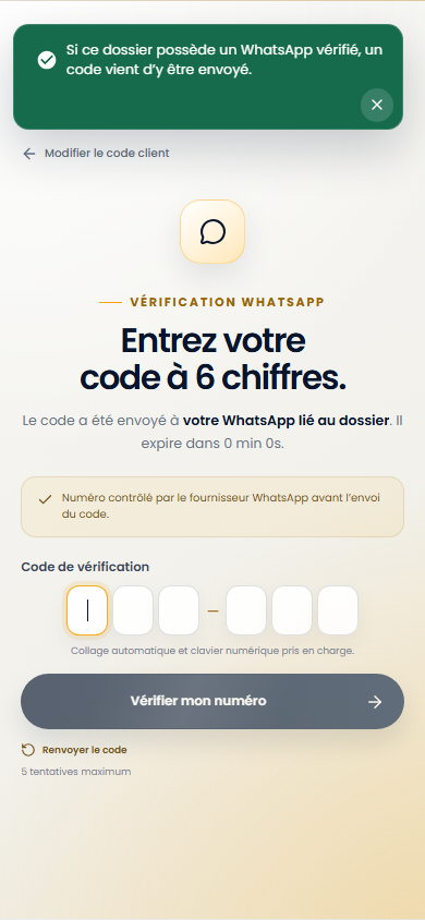 OTP après code client sur téléphone sur le portail Web