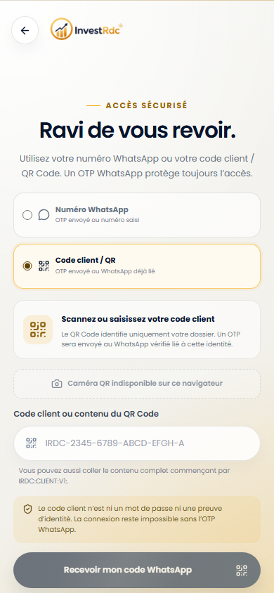 Connexion mobile par code client sur le portail Web