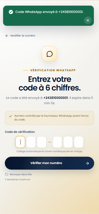 OTP de connexion sur téléphone sur le portail Web